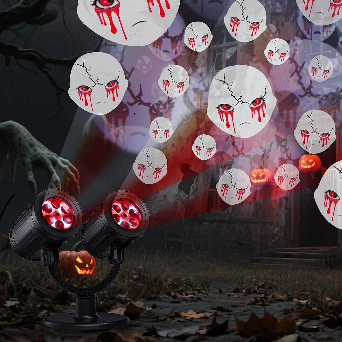 Hauntlight Phantom projecting ghost faces at a haunted house
