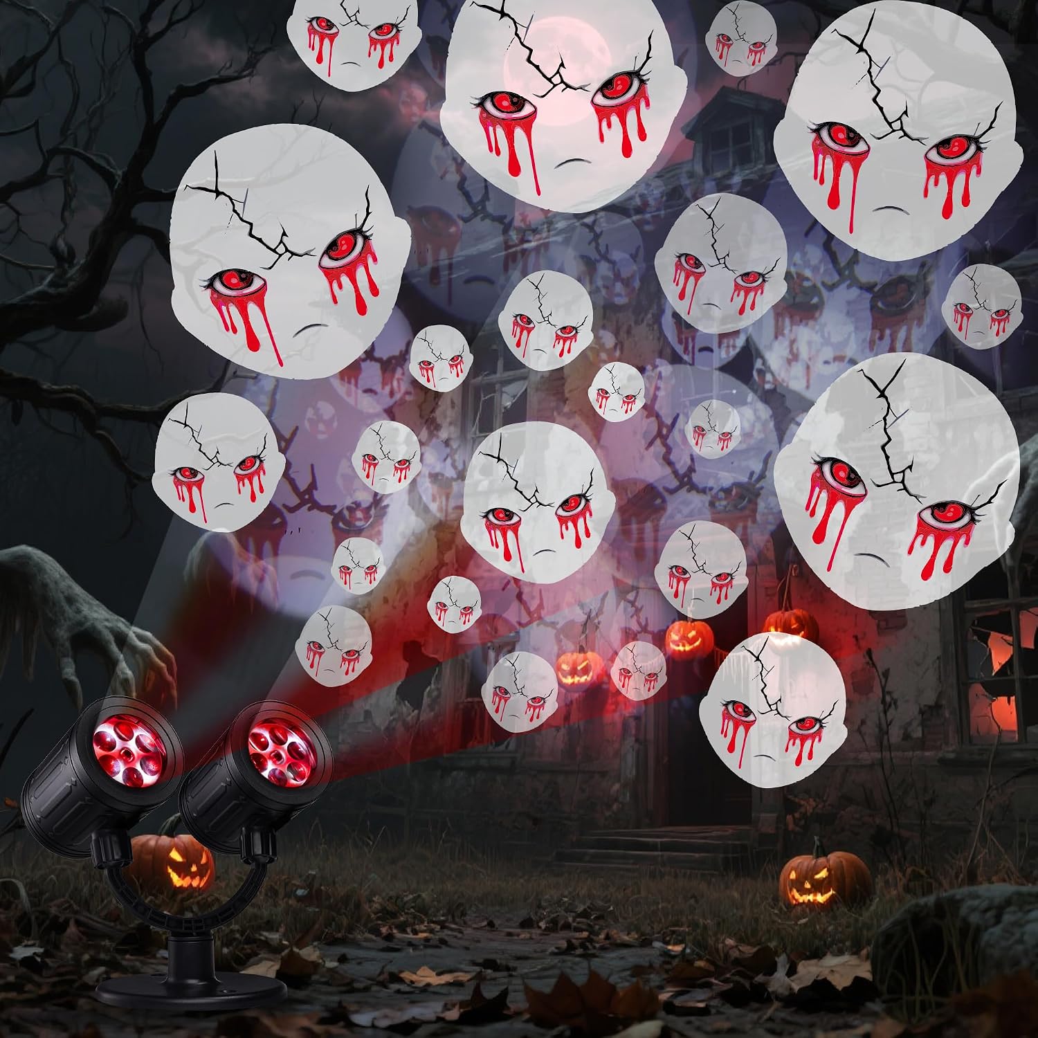 Hauntlight Phantom projecting ghost faces at a haunted house